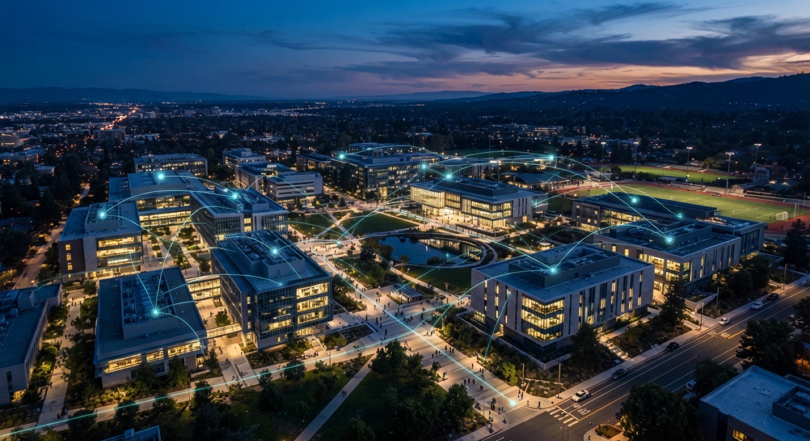 Aerial view of a modern campus at dusk with glowing network lines linking every building