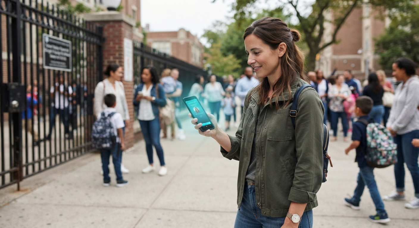 Parent using a smartphone app to view a school pickup notification outside a school gate