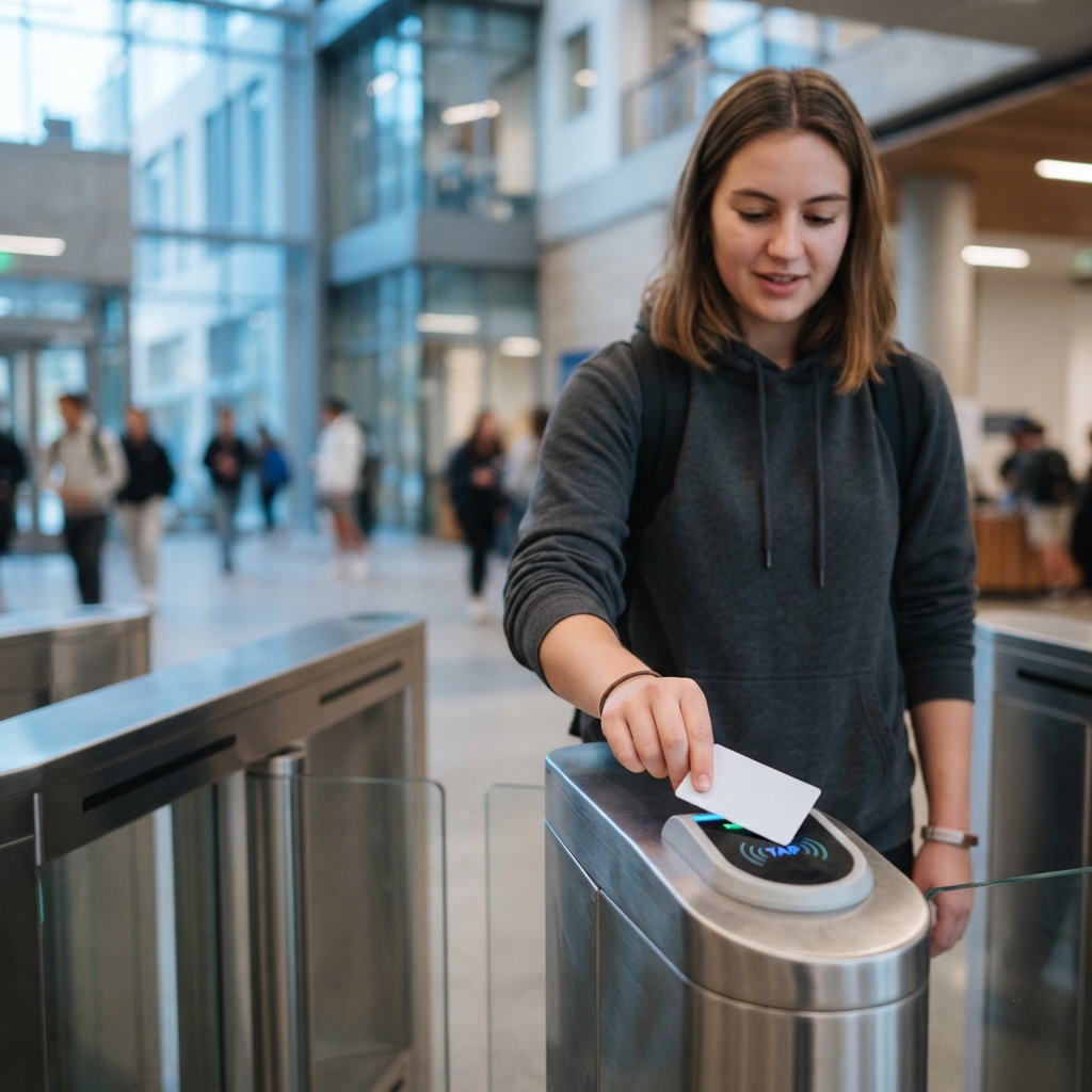 Student tapping an RFID card at a modern campus turnstile gate